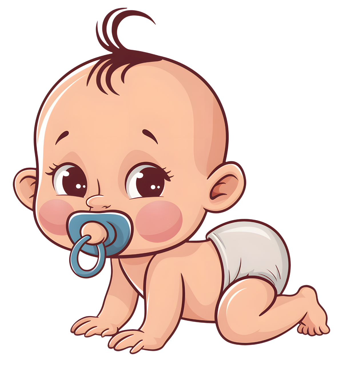 a baby crawling with a dummy in its mouth